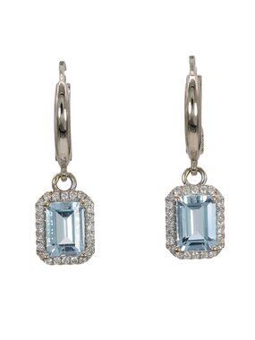 Emerald-Cut Aquamarine & Natural Diamond Halo Earrings in 14K White Gold